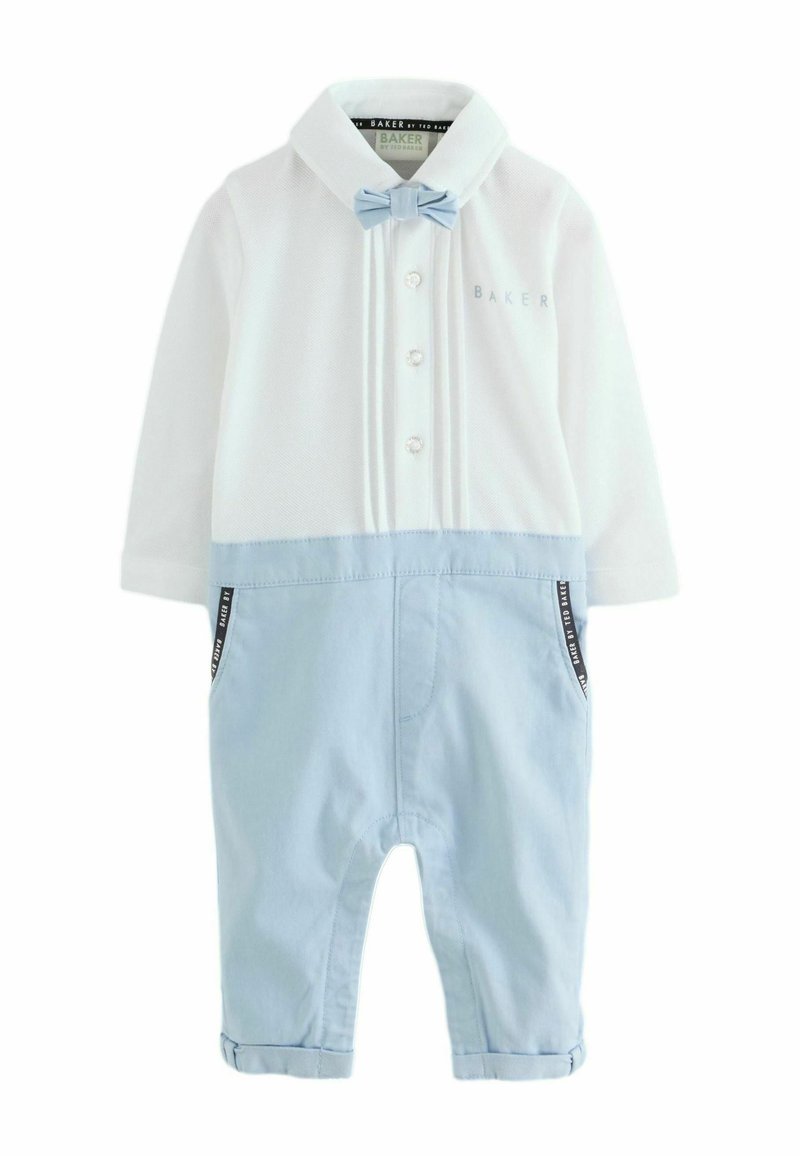 Tutina per neonati bianca e azzurro chiaro con scollo a collo, chiusura con bottoni, dettaglio con papillon e tasche laterali, realizzata in tessuto misto cotone.