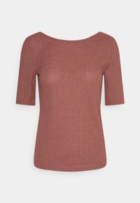 Lyhythihainen, ribbattua tekstuuria oleva toppi hillityssä ruusupinkissä värissä. Leveä kaula-aukko ja vartalonmyötäinen malli. Silkkinen pinta, jossa on pystysuoria viivoja ja saumatonta helmaa.