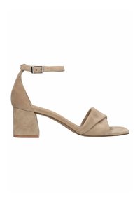 Beige suède heeled sandal met een brede band en draai-detail, enkelbandje met gesp en een blokhak. Soepele textuur, minimalistisch ontwerp.