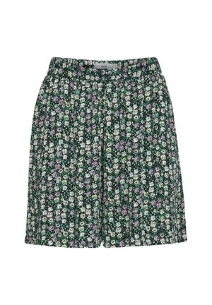 Kukkakuvioiset shortsit joustovyötäröllä, joissa on musta tausta ja pieniä valkoisia, vihreitä ja violetin värisiä kukkakuoseja.
