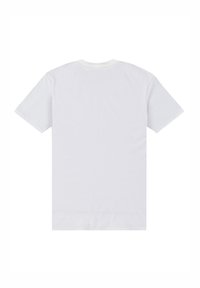 Bílý tričko s krátkým rukávem, s kulatým výstřihem, hladkou texturou a bez viditelných vzorů nebo log na zadní straně.