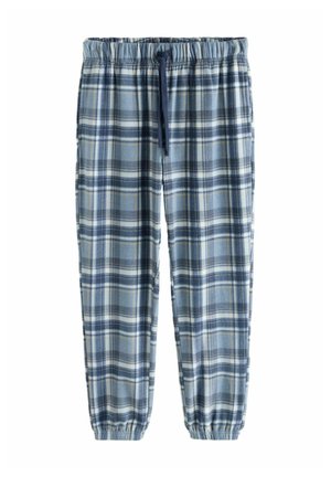 Blue and white plaid pajama pants with an elastic waist and drawstring, featuring a soft fabric and tapered cuffs.