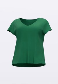 Zelena bluza kratkih rukava s V-izrezom. Izrađena od glatkog materijala, opuštenog kroja s blago zaobljenim rubom. Bez vidljivih uzoraka ili ukrasa.