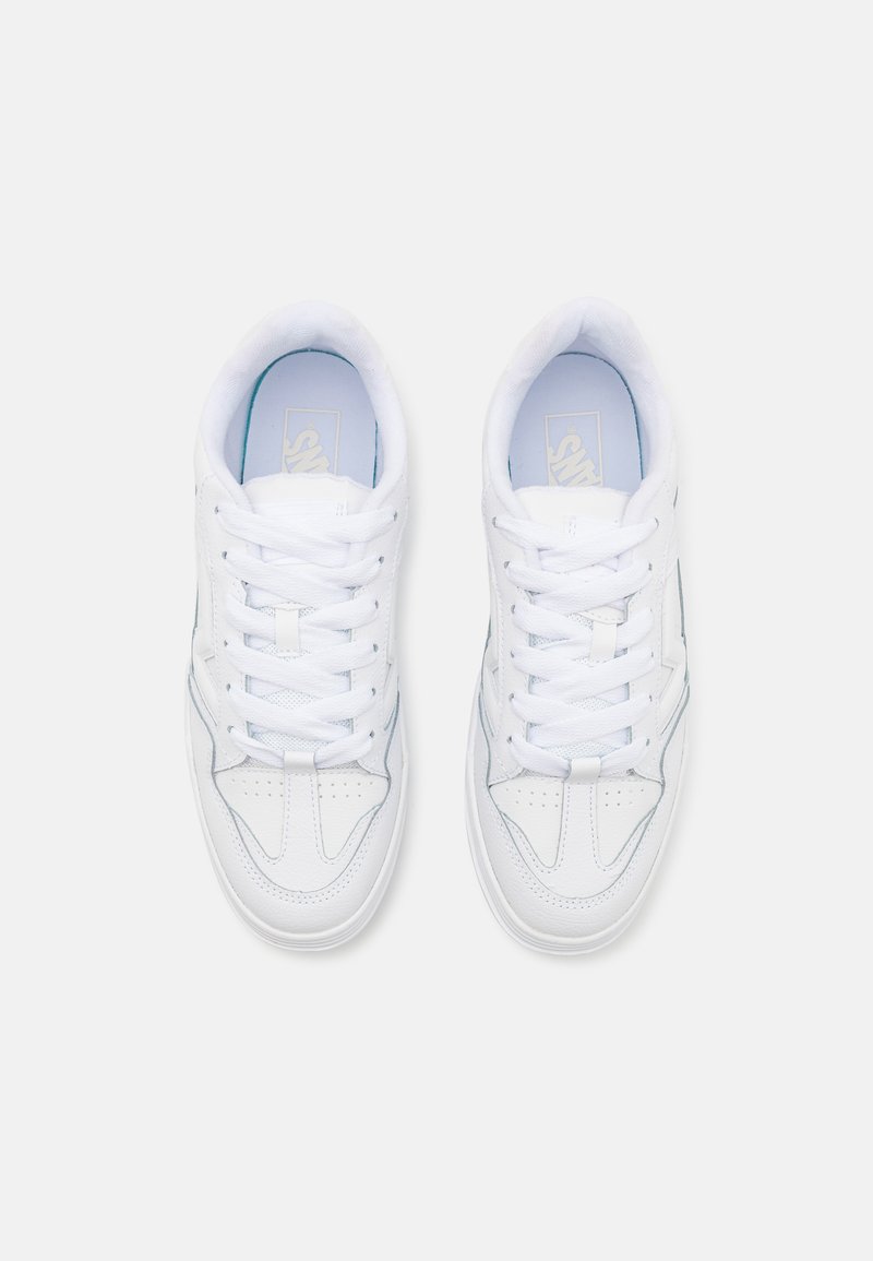 Baskets blanches en cuir et tissu, avec une texture lisse, un bout rond, un système de laçage et des accents bleu clair.