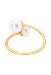 Anello oro con due perle sferiche bianche. Banda metallica liscia con design minimalista e finitura lucida.