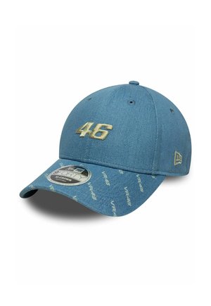 Blue baseball cap with gold "46" embroidery on front, small logo on side, and repeated white "VR46" text on curved brim.