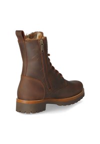 Brązowy skórzany botek za kostkę z podszyciem z sztucznego futra, zamek błyskawiczny, sznurowana przód, okrągły nos, solidna podeszwa i wytrzymały obcas.