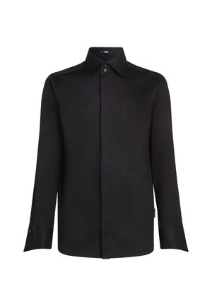 Black long-sleeve button-up shirt in smooth fabric with a classic collar, fitted design, and cuffs featuring button details.