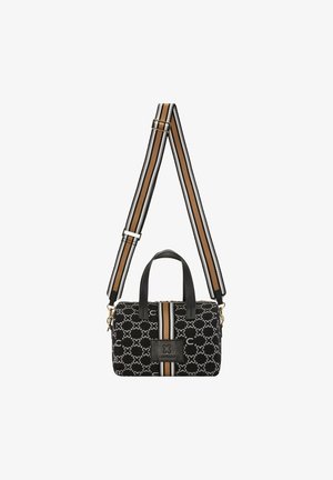 Czarna torebka na ramię z białym geometrycznym wzorem, brązowo-białym paskiem na ramię z regulacją oraz dwoma czarnymi uchwytami.