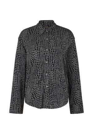 Schwarz und grau langärmliges Hemd mit Knöpfen, das ein strukturiertes, gitterähnliches Muster aufweist. Es hat einen Kragen und einen leicht lockeren Schnitt.