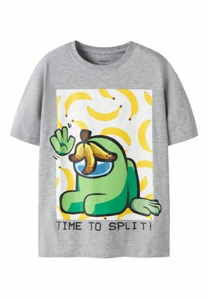 Grå T-skjorte med tegneseriegrønt figur som har et bananskall på hodet, vinkende, omgitt av gule bananer, tekst "TIME TO SPLIT!" under.