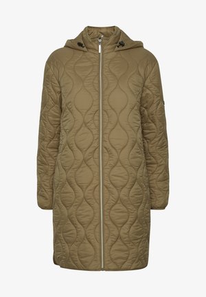 Manteau matelassé kaki avec capuche, doté d'une fermeture éclair verticale et d'un motif de couture courbé, texture lisse et poches latérales.