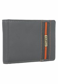 Leather wallet in dark gray with orange woven accent, featuring a gold logo tag. Smooth texture, contrasting stitching, and sleek design.