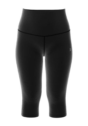 High-waisted black capri leggings made of stretch fabric, featuring a smooth texture and minimal seam detailing. Logo printed on the side.