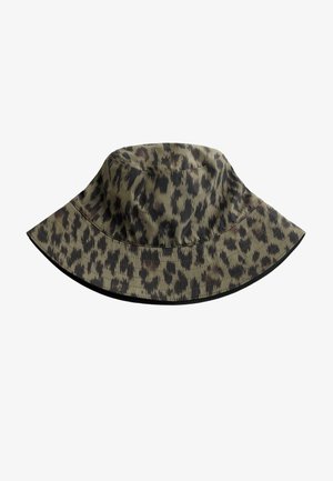 Pălărie tip găleată verde măsliniu cu model leopard negru și maro și bor larg cusut.