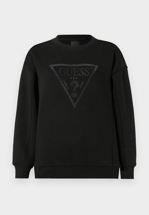 Black sweatshirt with a crew neck, featuring a textured triangular logo in grey and white. Ribbed cuffs and hem. Casual, relaxed fit.
