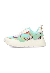 Sneaker verde pastello con dettagli in rete multicolore e suede, stampa leopardata, suola bianca e design con lacci e linguetta.