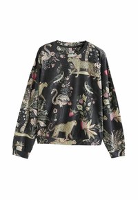 Melnas sporta krekls ar ziedu un dzīvnieku rakstu, kurā attēloti leopardi, putni un ziedi. Izgatavots no mīkstas auduma ar apaļu kakla izgriezumu.