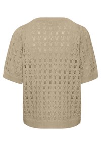 Maglione beige lavorato a maglia con una vestibilità morbida e maniche a sbuffo corte, caratterizzato da un motivo testurizzato con piccoli fori ed elementi decorativi.