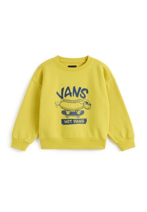 Sweat-shirt jaune vif avec un hot-dog sur un skateboard portant des lunettes de soleil et les textes « VANS » et « HOT DAWG » en bleu.