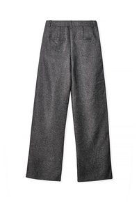 Gray wide-leg trousers made of textured fabric, featuring a front waistband and two back pockets, displayed with the back facing up.