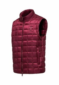 Gilet rosso imbottito con design a trapunte, colletto alto, zip frontale e tasche laterali; finitura lucida e materiale leggero.