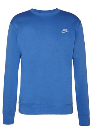 Niebieska bluza Nike z długim rękawem, okrągłym dekoltem i małym białym logo Nike na lewej piersi.
