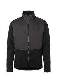 Zwarte en donkergrijze heren zip-up jack met hoge kraag en lange mouwen, voorzien van twee voorzakken met rits en een klein logo op de borst.