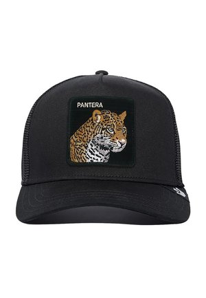 Black cap with a structured front, featuring an embroidered tiger design on a square patch, and the word "PANTERA" above the artwork.