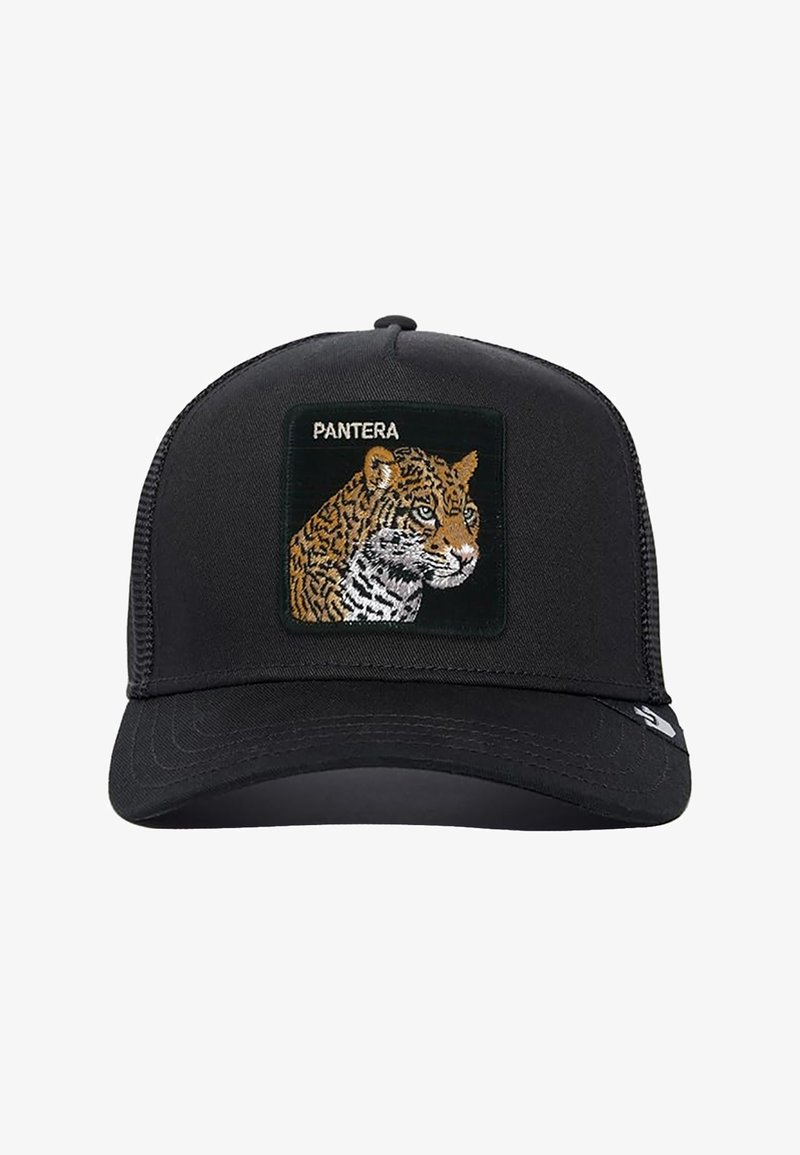 Black cap with a structured front, featuring an embroidered tiger design on a square patch, and the word "PANTERA" above the artwork.