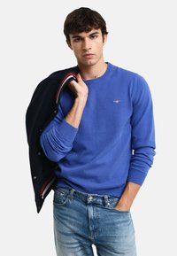 Maglione blu a maglia con scollo rotondo e polsini a coste, indossato con denim blu casual. Un piccolo logo arricchisce la zona del petto.