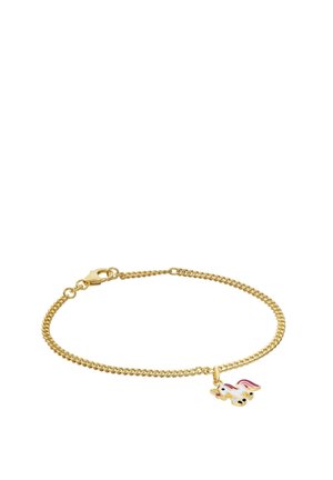 Gold chain bracelet with a small unicorn charm featuring white, pink, and black enamel details, and a lobster clasp closure.