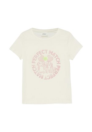 Cream short-sleeve t-shirt with pink text "Perfect Match" in a circle and two stick-figure girls with heart-shaped hair and a green heart between them.