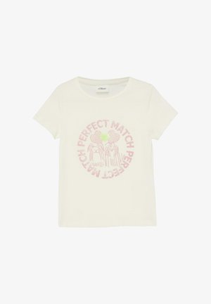 Kremowy t-shirt z krótkim rękawem z różowym napisem "Perfect Match" w kółku oraz dwie dziewczynki w formie postaci z patyczków z włosami w kształcie serca i zielonym sercem między nimi.