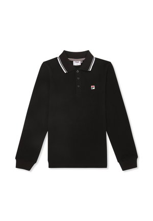 Svart långärmad polo-shirt med tvåknapps placket, vitrandig krage och liten broderad logotyp på bröstet. Slät tygtextur.