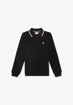 Zwart langemouwen polo met een twee-knopen sluiting, witte gestreepte kraag en klein geborduurd logo op de borst. Strakke stoftextuur.