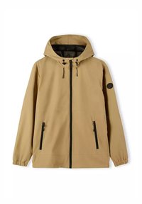 Lekka beżowa kurtka z kapturem, z pełnym zamkiem z przodu, dwoma bocznymi kieszeniami i czarnymi akcentami na zamku i rękawie.