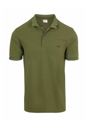 Short-sleeve olive green polo shirt with two buttons, small black logo on the left chest, and a collar.