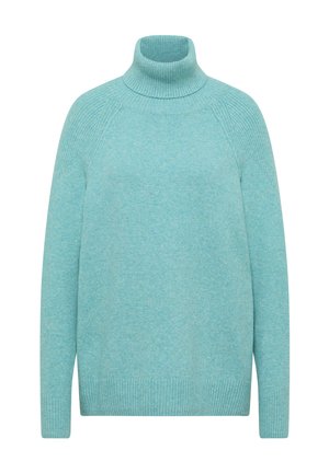 Lysblå sweater med høj hals lavet af blødt stof, med ribbede detaljer ved kraven og manchetterne, i en afslappet pasform og uden sømme ved skuldrene.
