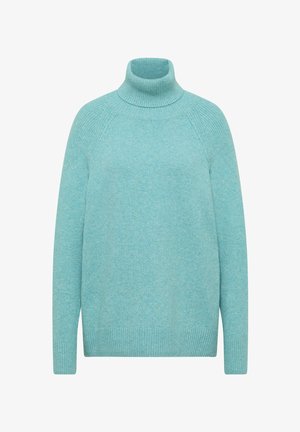 Jasnoniebieski sweter typu golf wyk wykonany z miękkiego materiału, z prążkowanymi akcentami przy kołnierzu i mankietach, o luźnym kroju i bezszwowych ramionach.