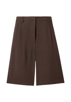 Shorts marron taille haute à jambes larges avec passants pour ceinture et fermeture éclair à l'avant.