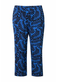 Pantalon bleu avec un motif de feuilles noires, en tissu doux, doté d'une taille élastique et d'une coupe décontractée, croppé jusqu'à la mi-mollet.