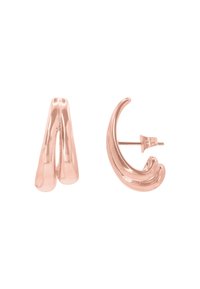 Orecchini in oro rosa con forme organiche, curve morbide e una finitura lucida. Il design comprende un perno e un componente pendente.