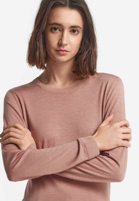 Ljust rosa tröja med en klassisk rund halsringning, långa ärmar och en mjuk textur. Tyget verkar slätt med ribbade muddar.