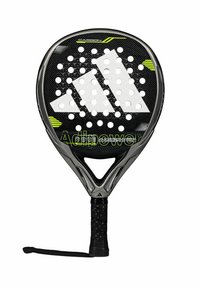 Zwarte padel racket met een gestructureerde grip, driehoekige vorm, witte perforaties en groene "Adipower" branding op de voorkant.