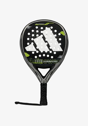 Raquette de paddle noire avec une prise texturée, de forme triangulaire, perforations blanches et marquage "Adipower" vert sur la face.