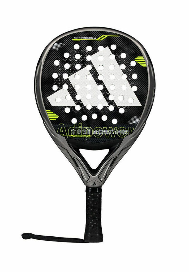 Zwarte padel racket met een gestructureerde grip, driehoekige vorm, witte perforaties en groene "Adipower" branding op de voorkant.