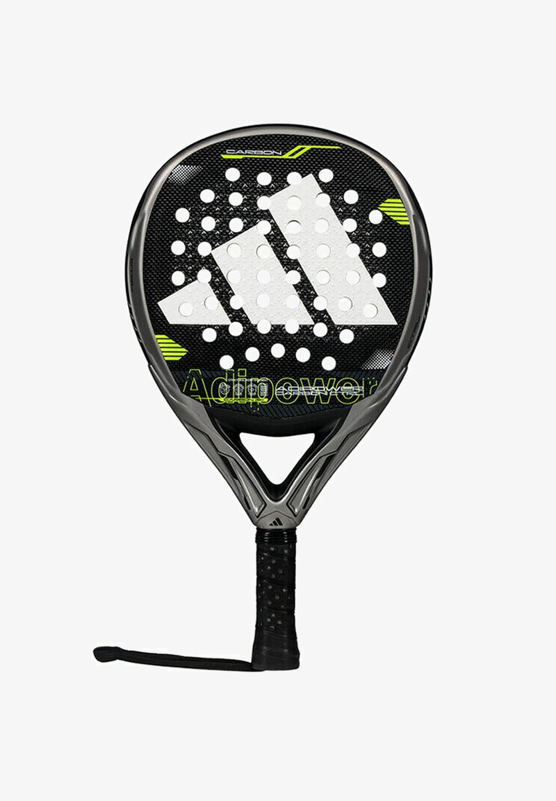Pala de pádel negra con un agarre texturizado, forma triangular, perforaciones blancas y el distintivo "Adipower" en verde en la cara.