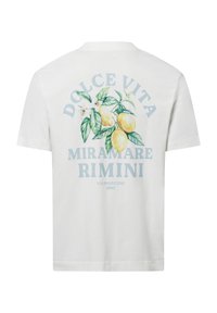 Weißes Baumwoll-T-Shirt mit grafischem bunten Zitronenmotiv und grünen Blättern. Der Text lautet "Dolce Vita Miramare Rimini" in Blau. Lässige Passform.