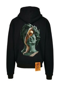 Čierna mikina s kapucňou so veľkým grafickým zobrazením rozdeleného sochy so zelenými a zlatými akcentami. Obsahuje nálepku s oranžovým kruhovým logom.